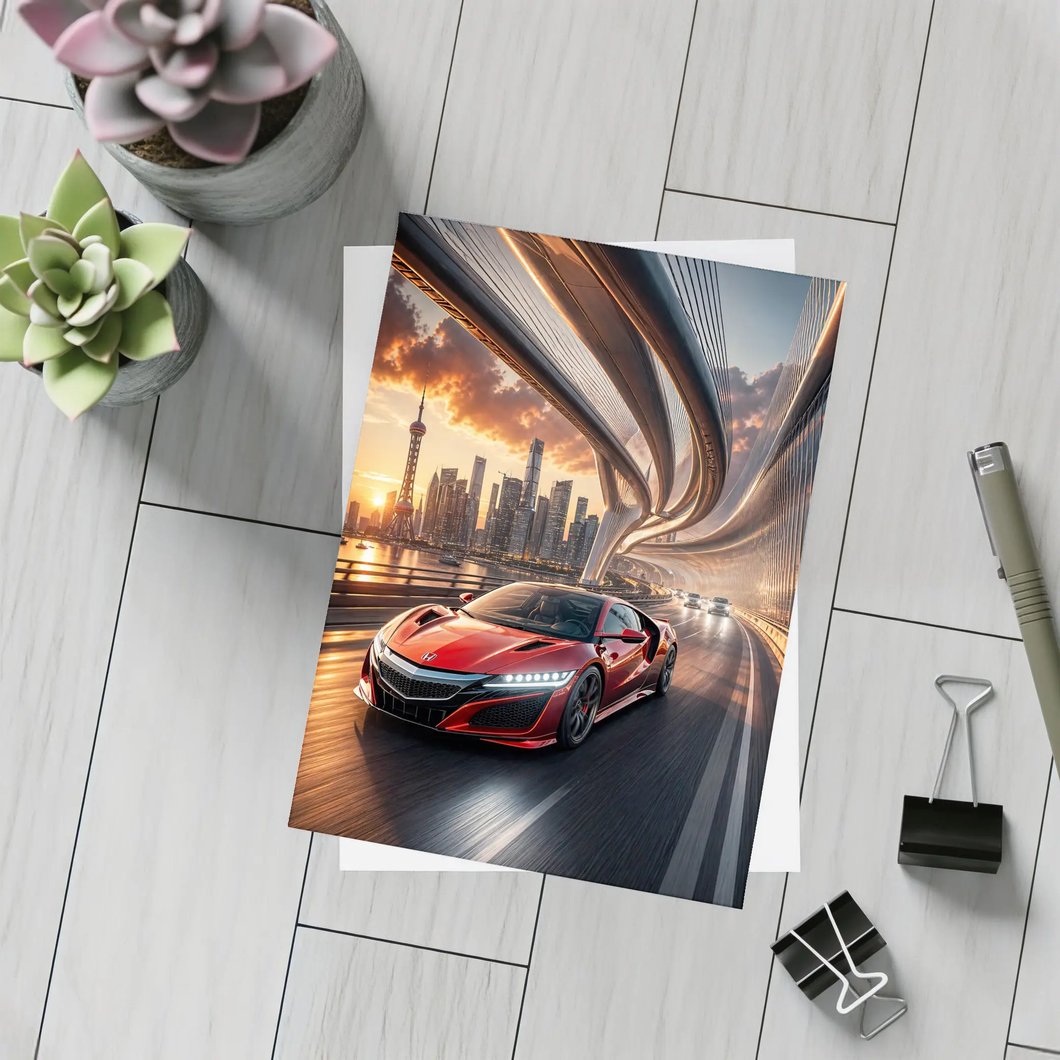Honda NSX Red Supercar City Bridge Sunset – Postcards