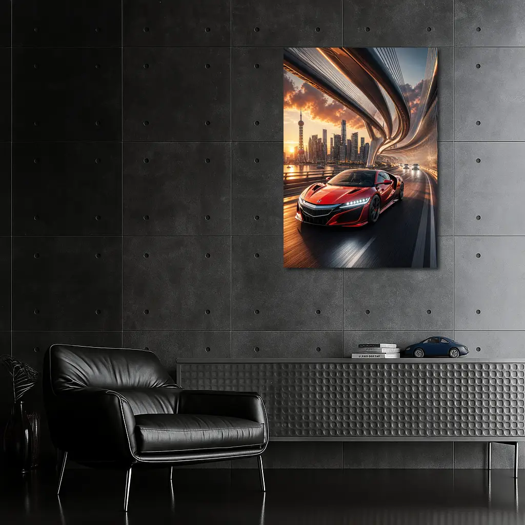 Honda NSX Red Supercar City Bridge Sunset – Wall Art