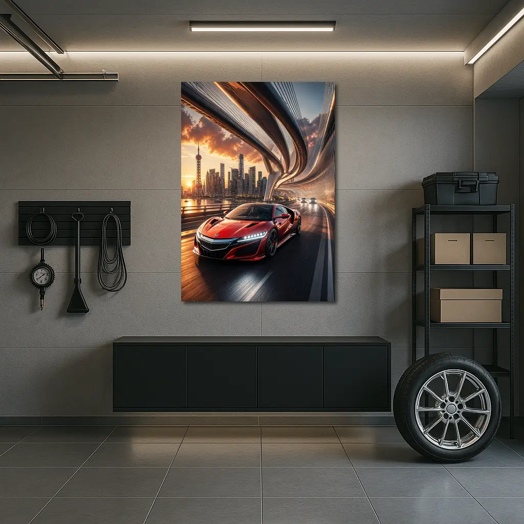 Honda NSX Red Supercar City Bridge Sunset – Wall Art