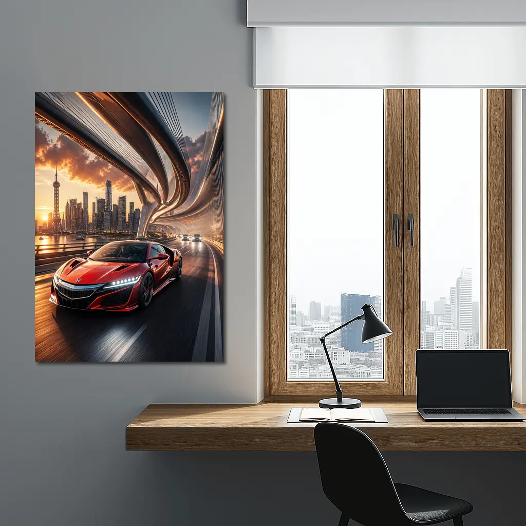 Honda NSX Red Supercar City Bridge Sunset – Wall Art