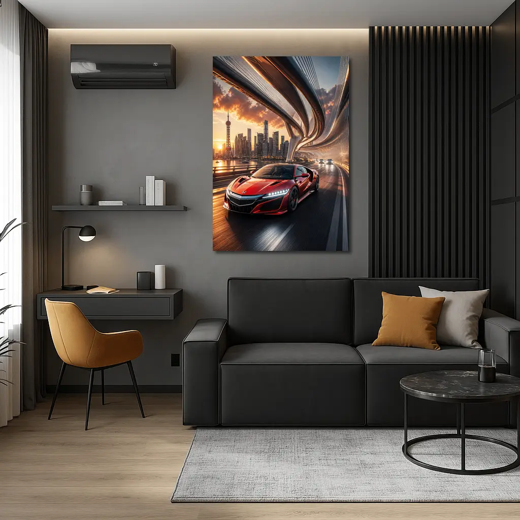 Honda NSX Red Supercar City Bridge Sunset – Wall Art