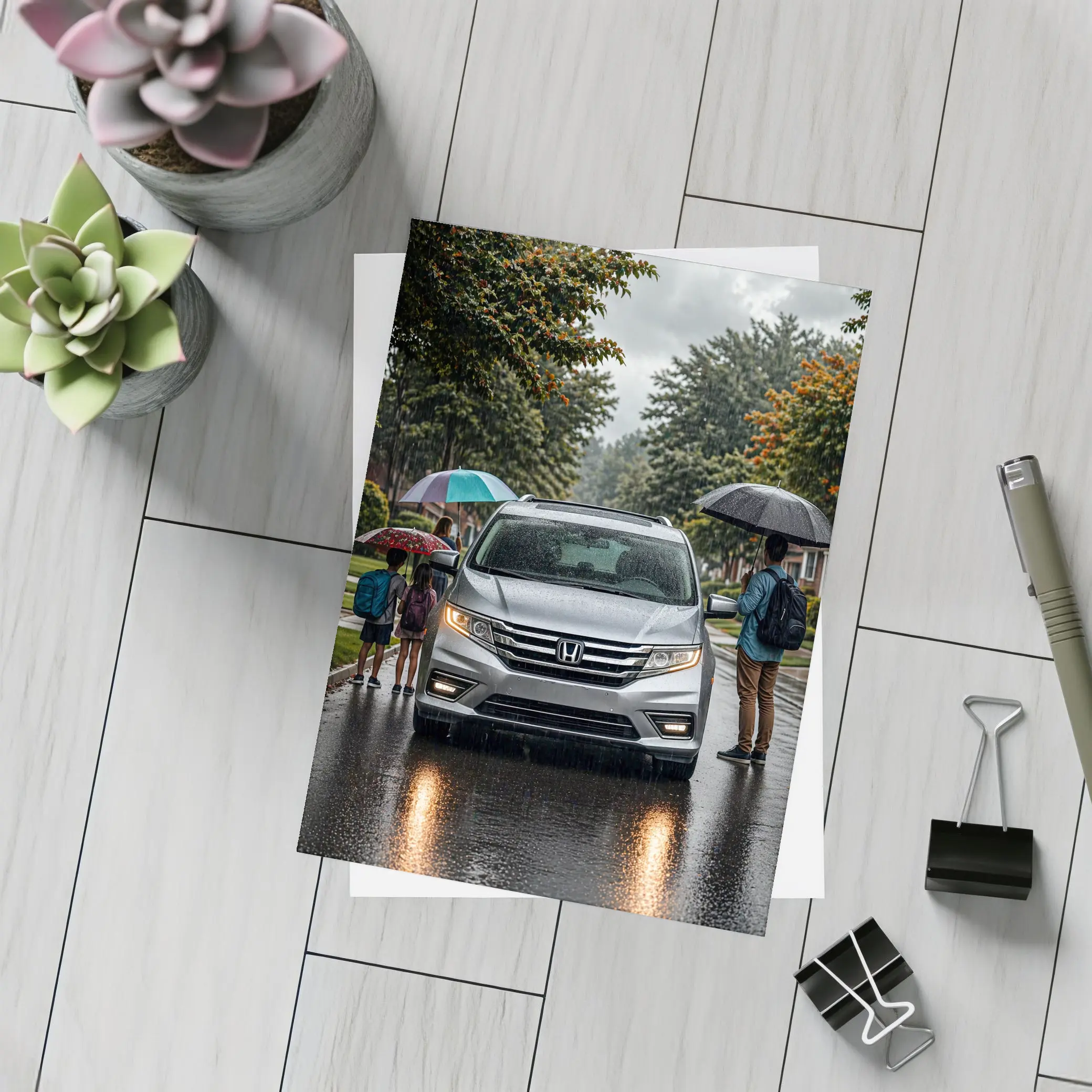 Honda Odyssey Minivan Family Rainy Street – Postcards