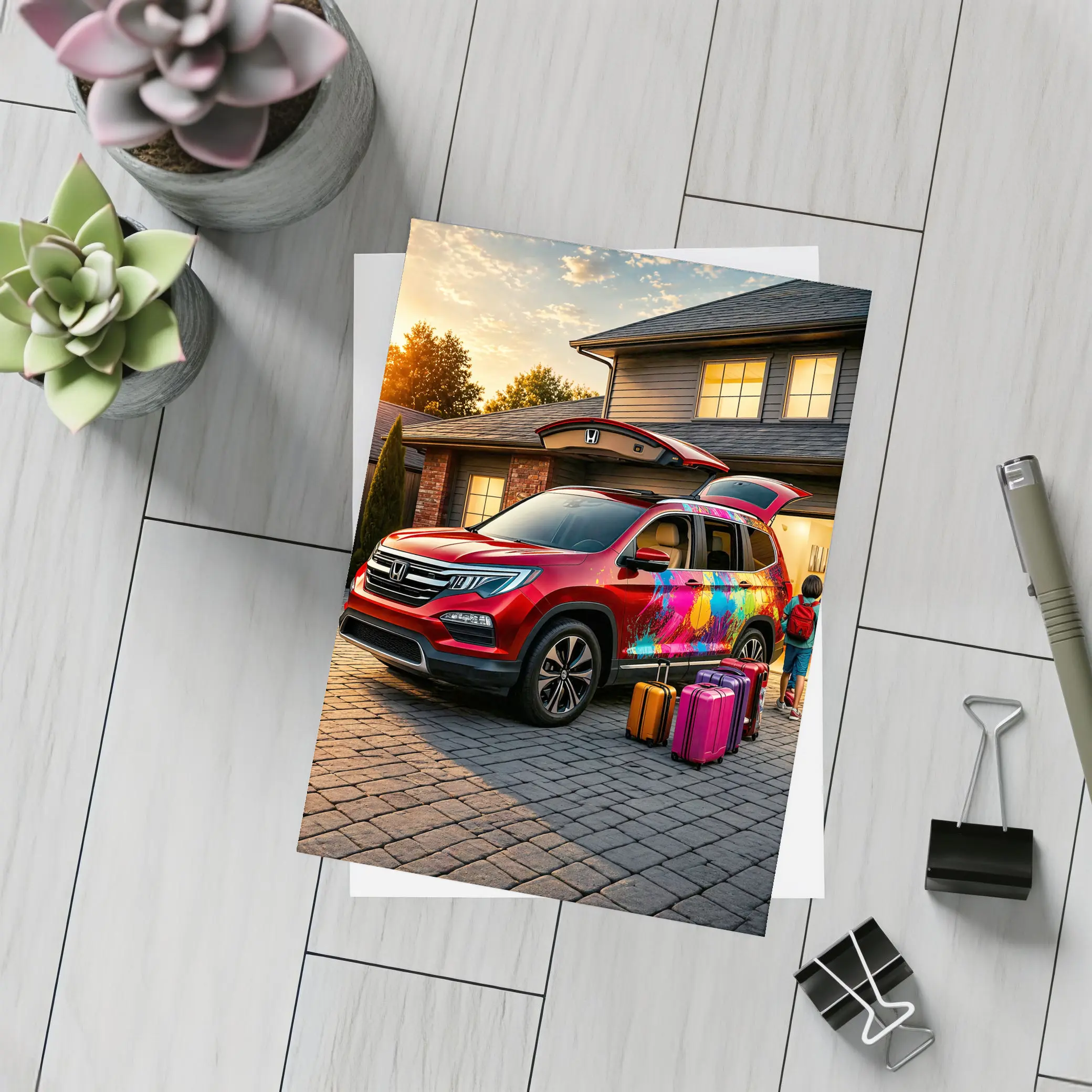 Honda Pilot SUV Family Trip Driveway Sunset – Postcards
