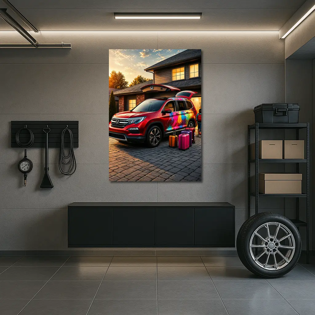 Honda Pilot SUV Family Trip Driveway Sunset – Wall Art