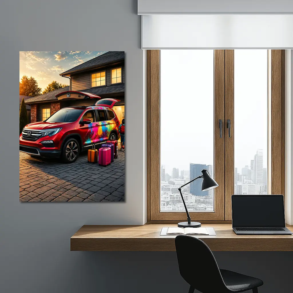 Honda Pilot SUV Family Trip Driveway Sunset – Wall Art