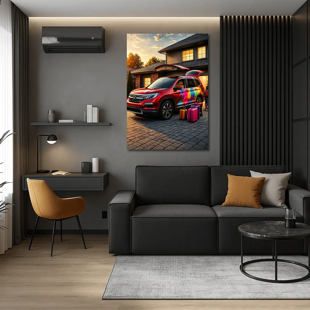 Honda Pilot SUV Family Trip Driveway Sunset – Wall Art