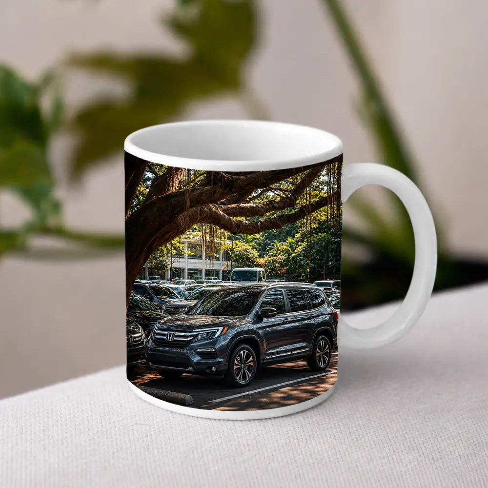 Honda Pilot SUV Parked Under Tropical Trees – Mugs