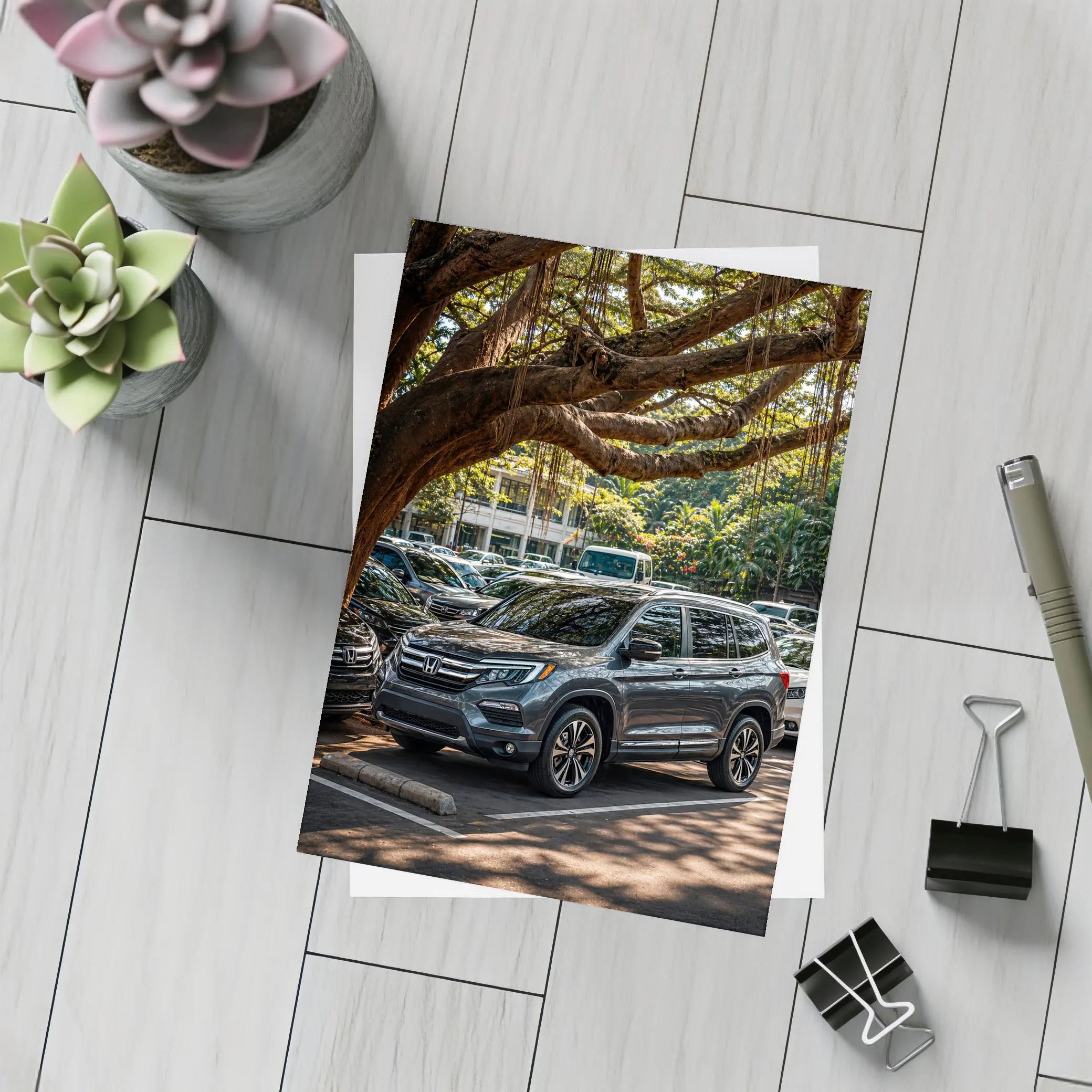 Honda Pilot SUV Parked Under Tropical Trees – Postcards
