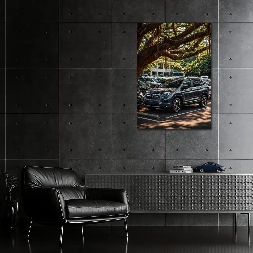 Honda Pilot SUV Parked Under Tropical Trees – Wall Art