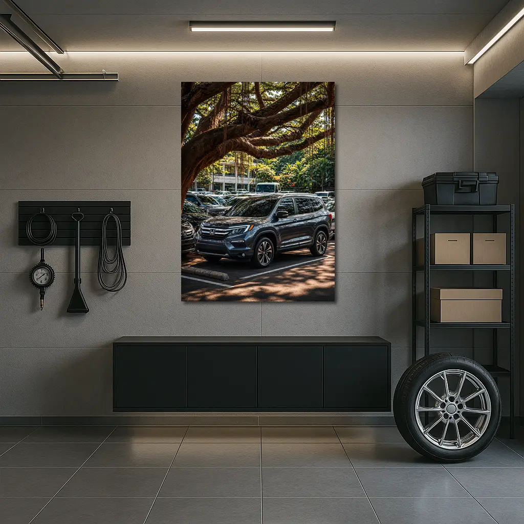 Honda Pilot SUV Parked Under Tropical Trees – Wall Art