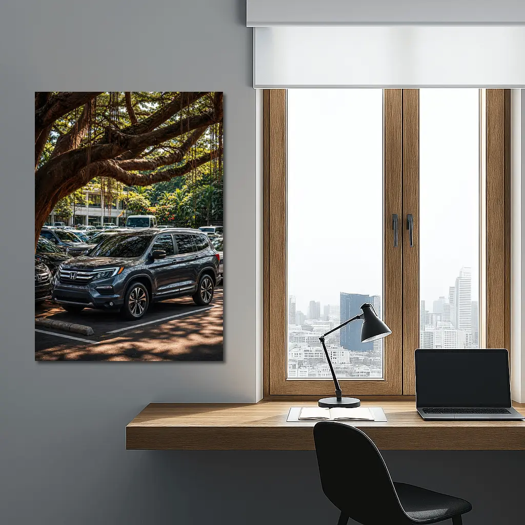 Honda Pilot SUV Parked Under Tropical Trees – Wall Art