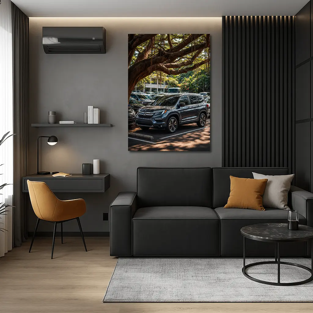 Honda Pilot SUV Parked Under Tropical Trees – Wall Art