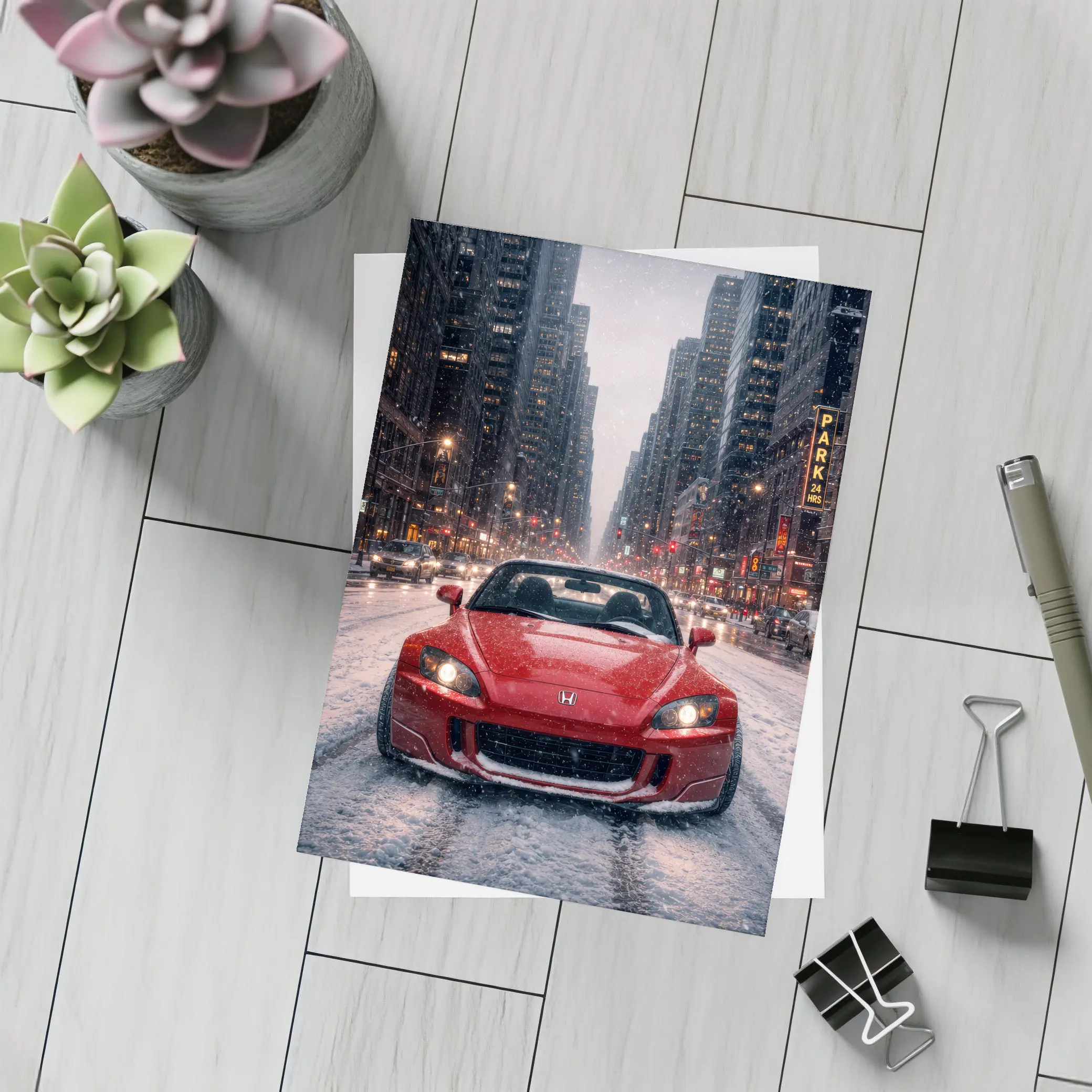 Honda S2000 Red Sports Car Snowy City – Postcards