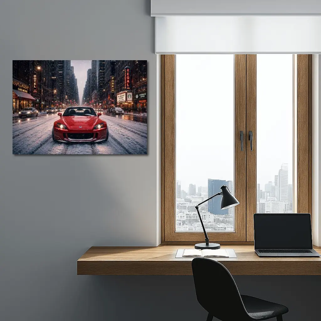 Honda S2000 Red Sports Car Snowy City – Wall Art