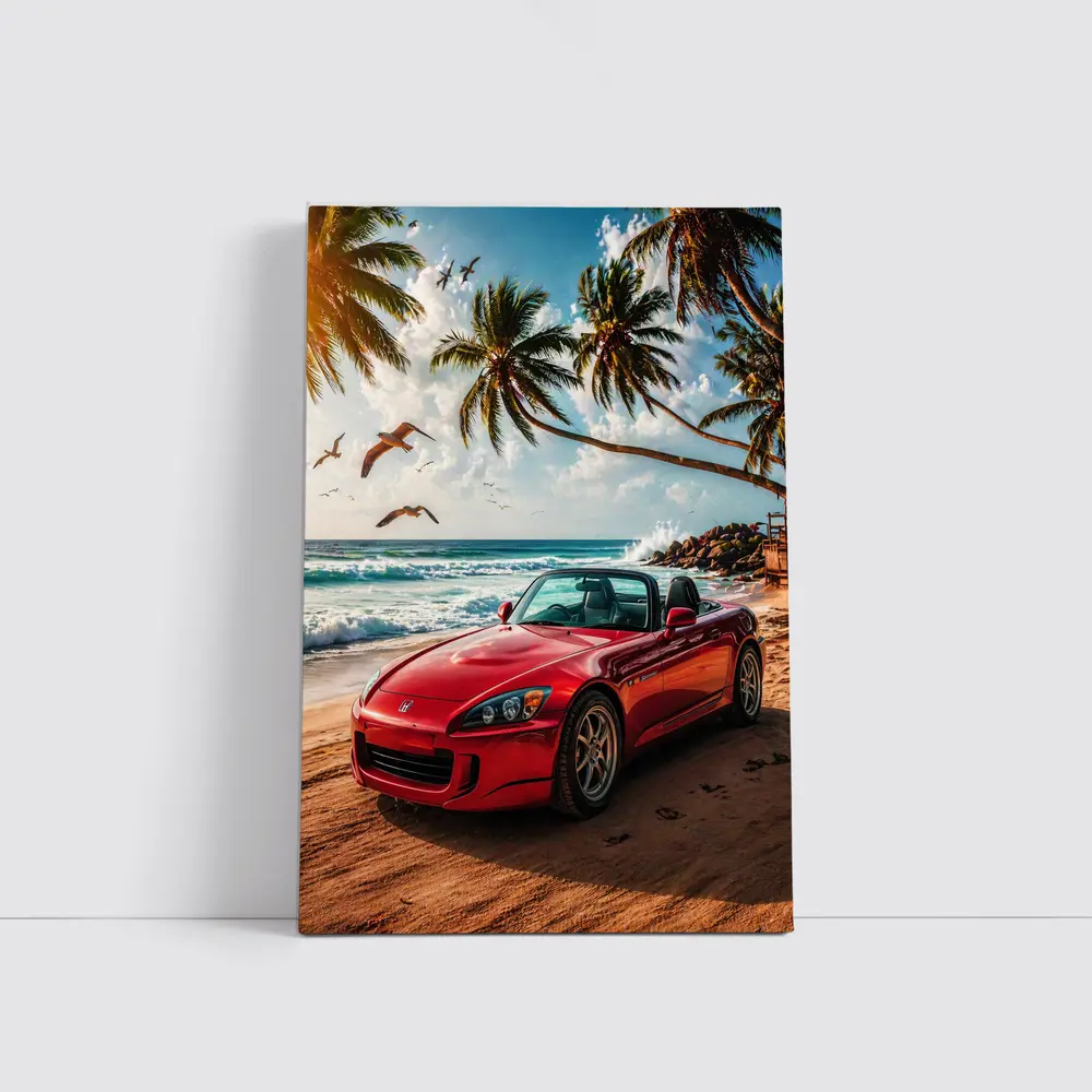 Red Honda S2000 Parked on Tropical Beach – Wall Art