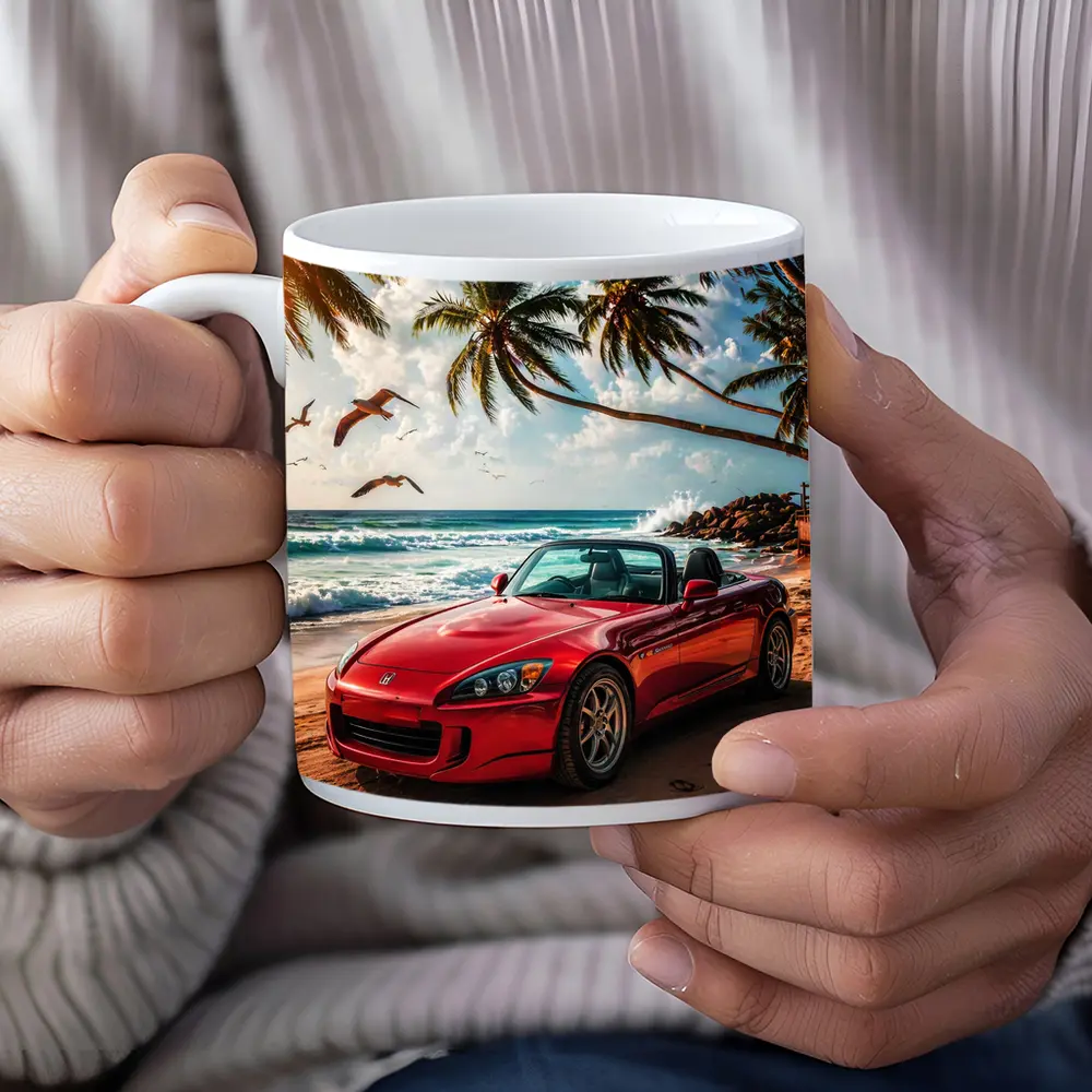 Red Honda S2000 Parked on Tropical Beach – Mugs