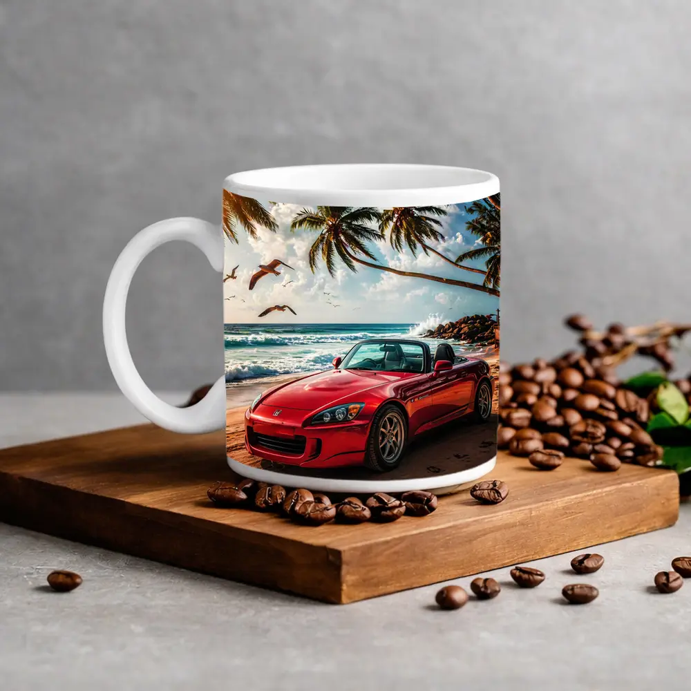 Red Honda S2000 Parked on Tropical Beach – Mugs