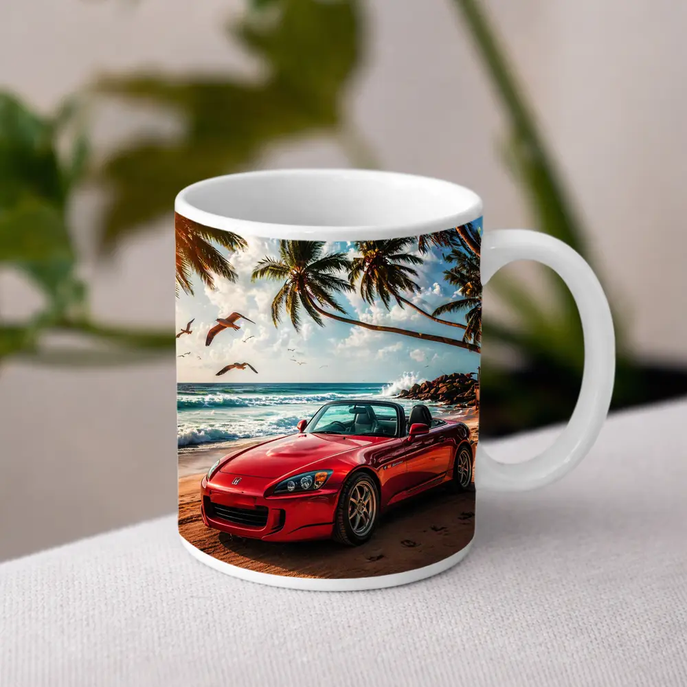 Red Honda S2000 Parked on Tropical Beach – Mugs