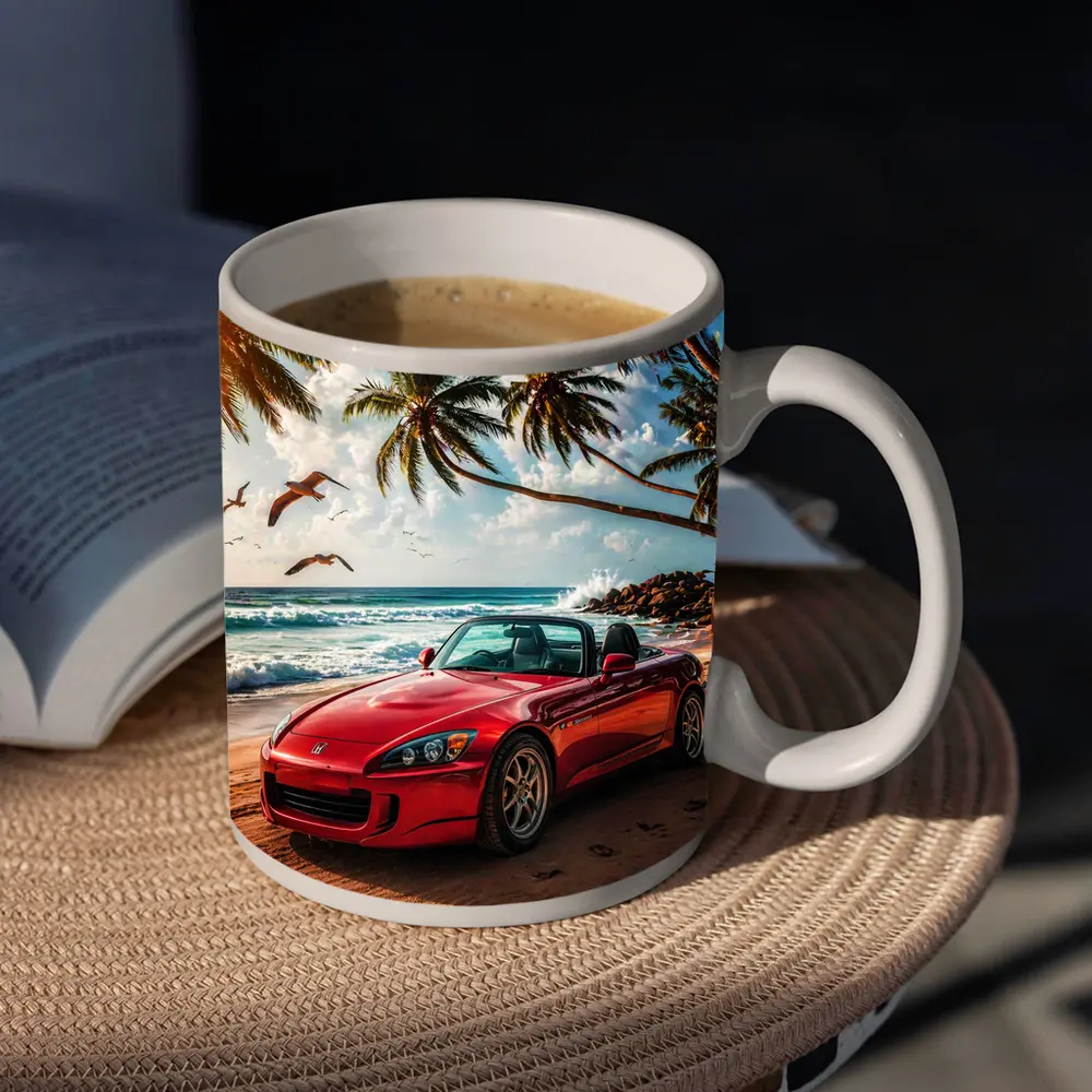 Red Honda S2000 Parked on Tropical Beach – Mugs