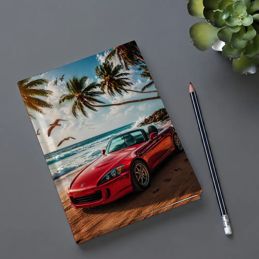 Red Honda S2000 Parked on Tropical Beach – Notebooks