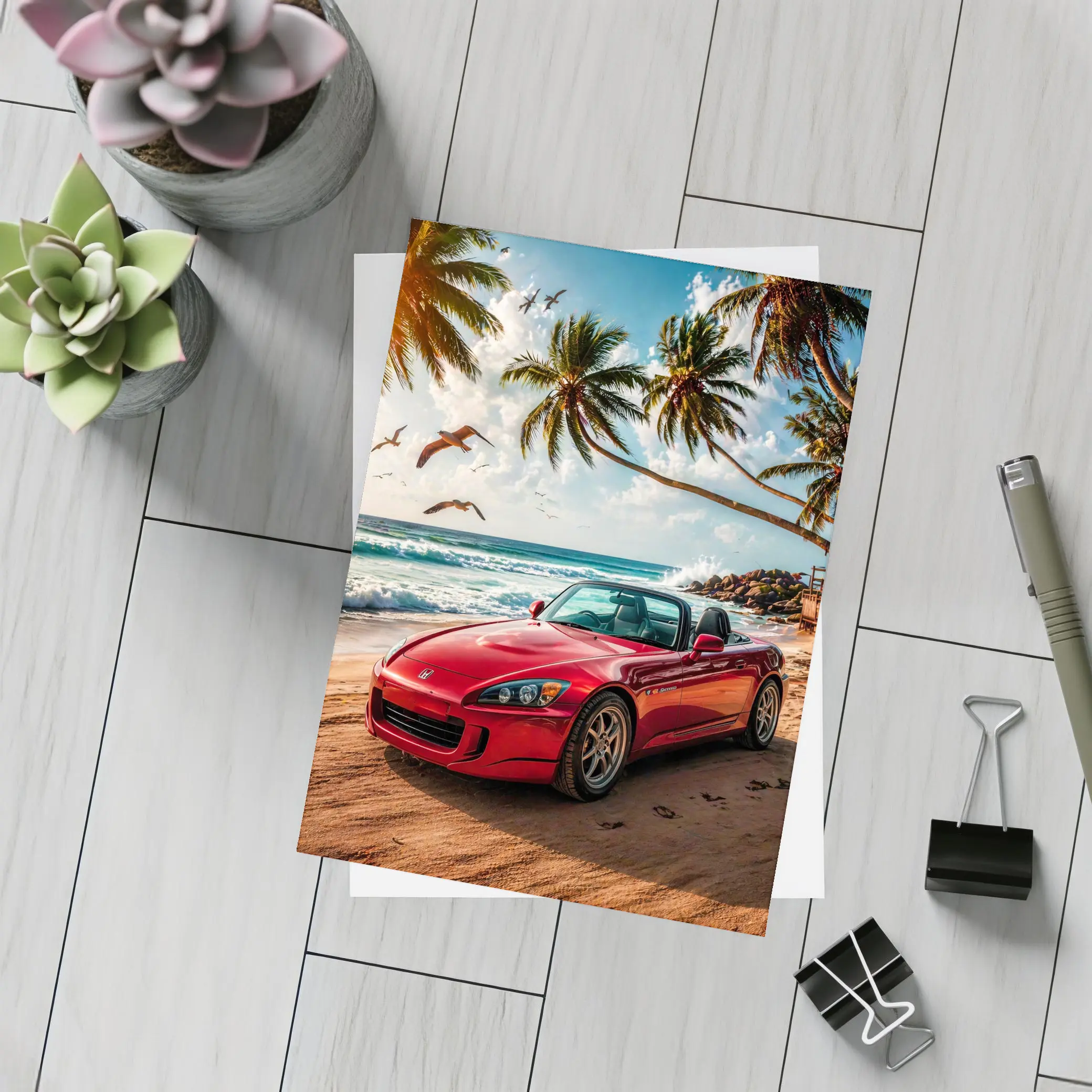 Red Honda S2000 Parked on Tropical Beach – Postcards