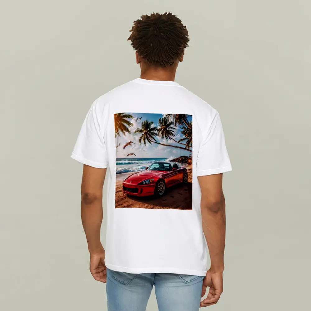 Red Honda S2000 Parked on Tropical Beach – T-Shirts