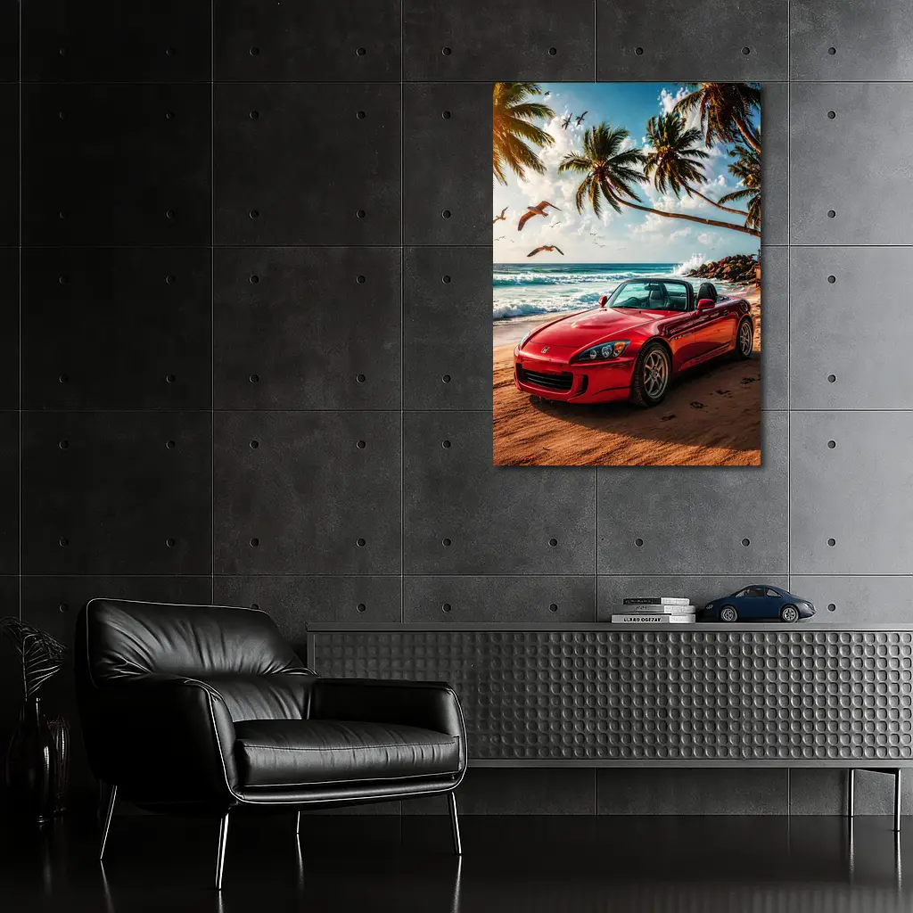 Red Honda S2000 Parked on Tropical Beach – Wall Art