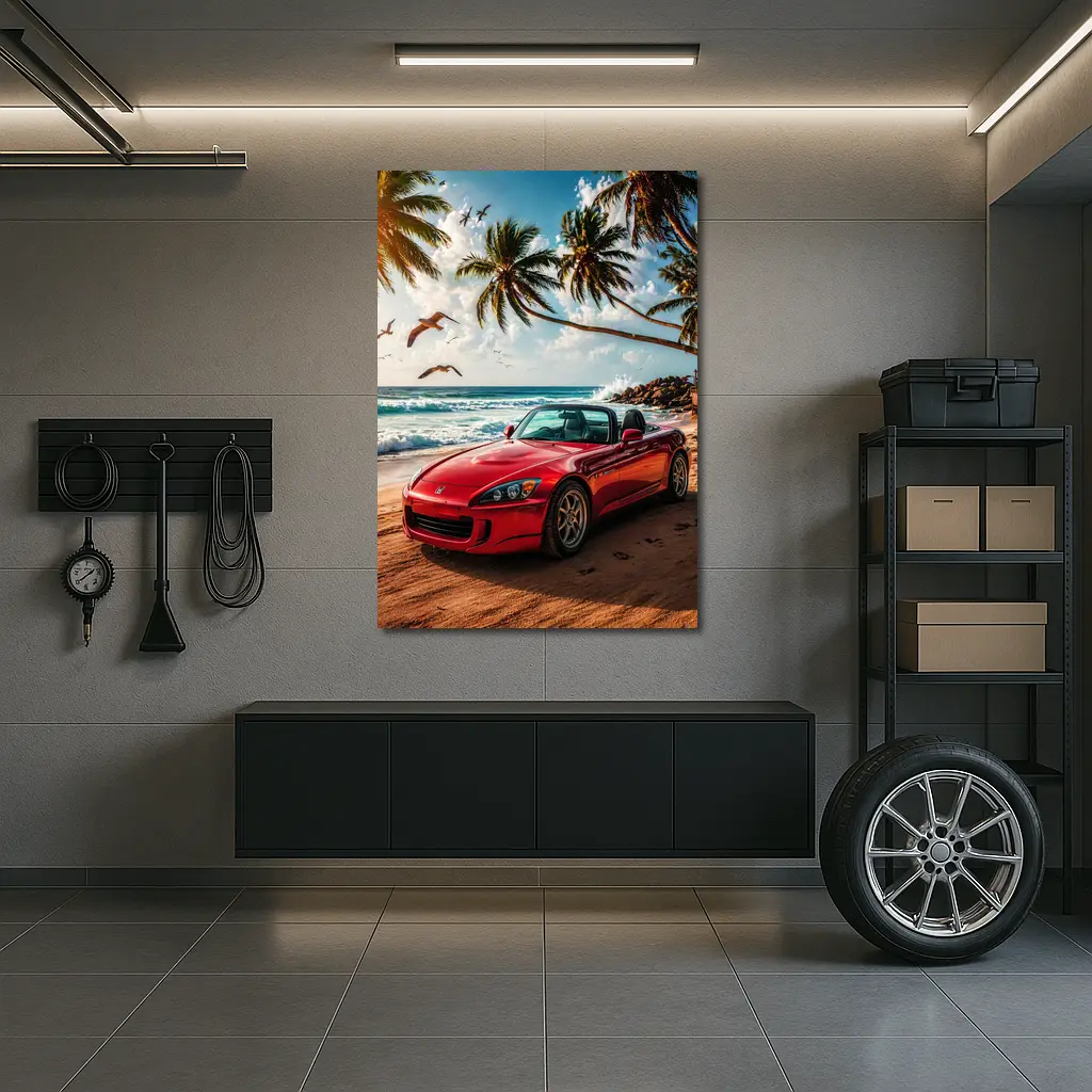 Red Honda S2000 Parked on Tropical Beach – Wall Art