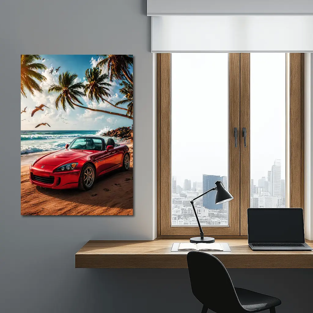 Red Honda S2000 Parked on Tropical Beach – Wall Art