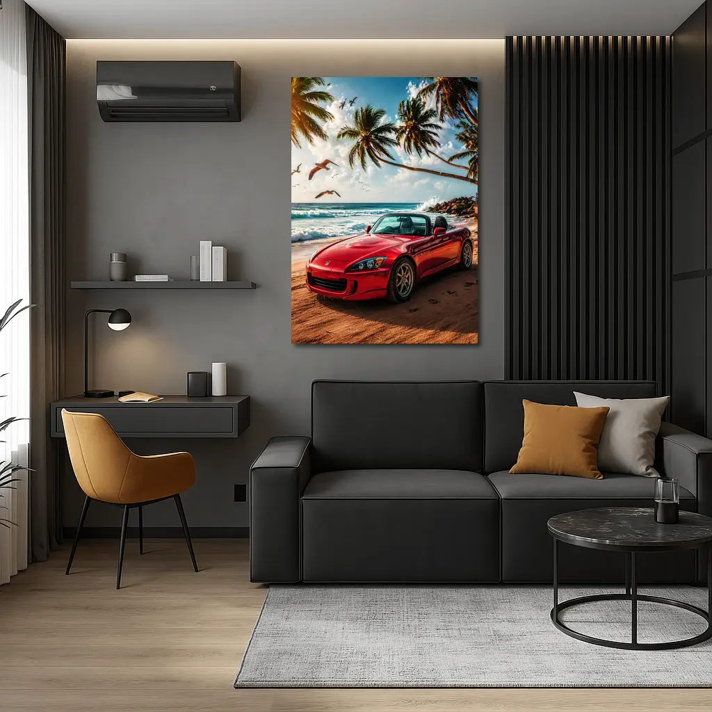 Red Honda S2000 Parked on Tropical Beach – Wall Art