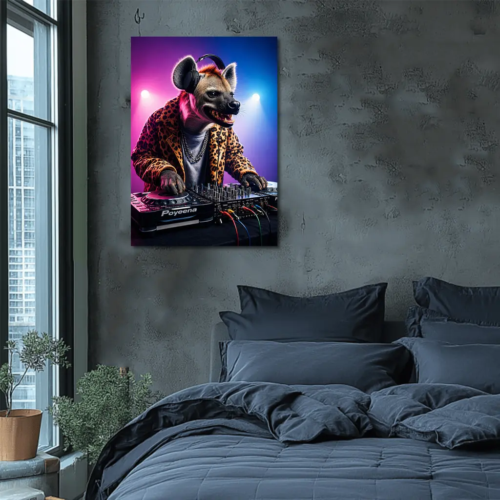 Hyena DJ Leopard Jacket Neon Club Night – Wall Art