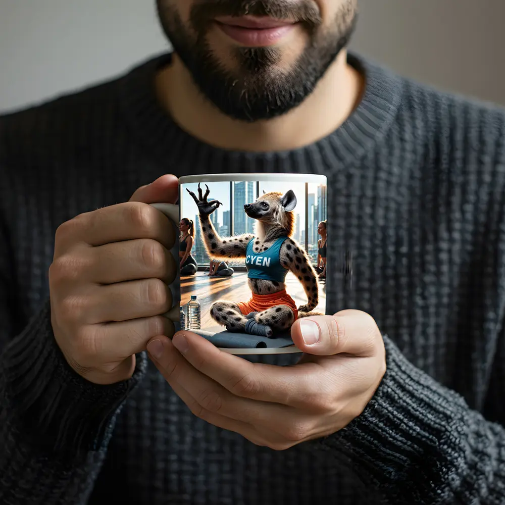 Hyena Doing Yoga In City Studio – Mugs