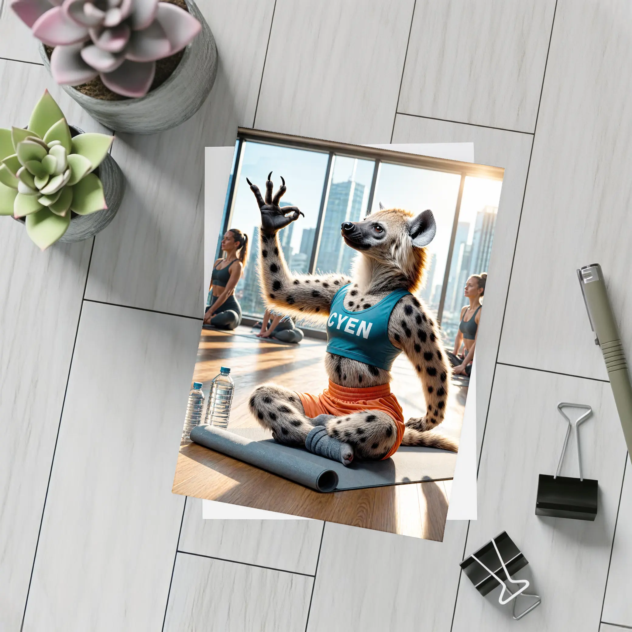 Hyena Doing Yoga In City Studio – Postcards