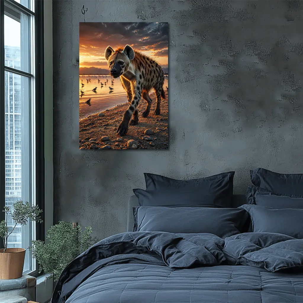Spotted Hyena Walking Along Sunset Shore – Wall Art