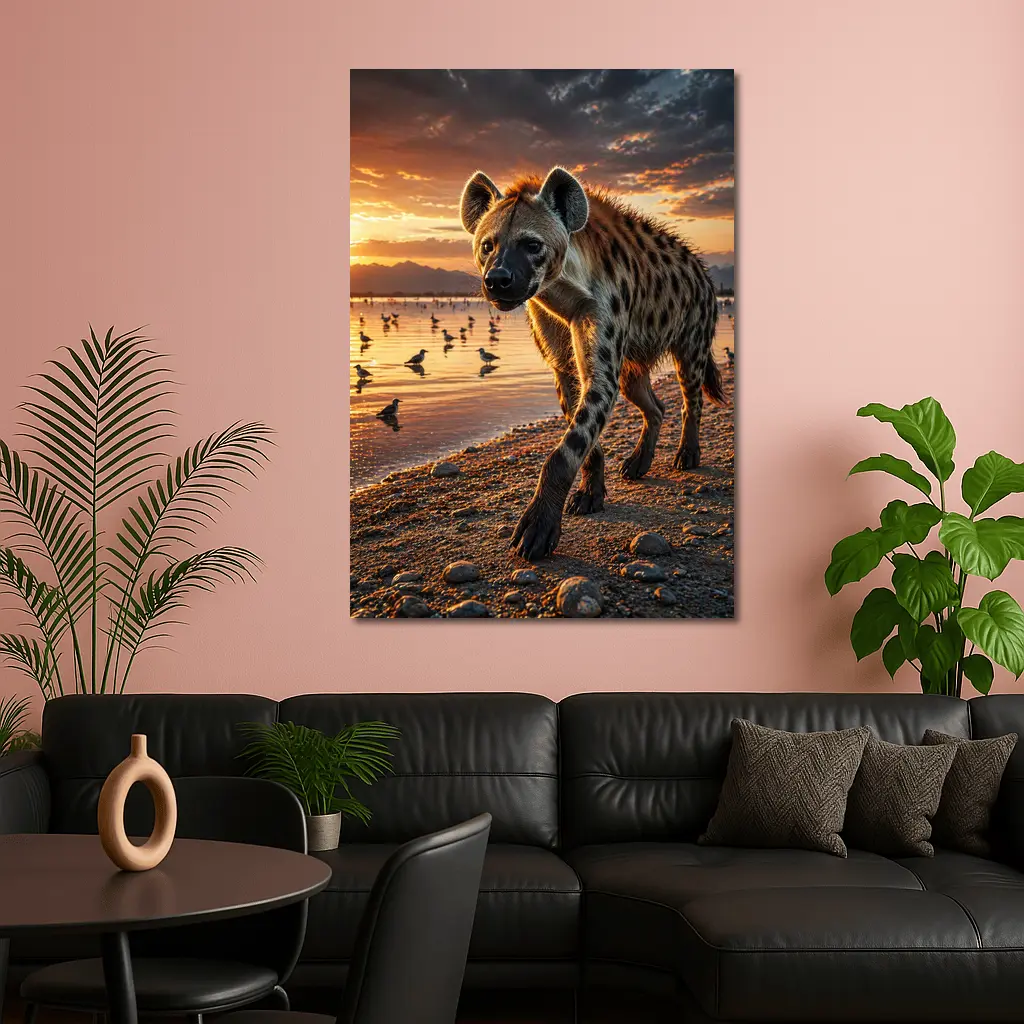 Spotted Hyena Walking Along Sunset Shore – Wall Art