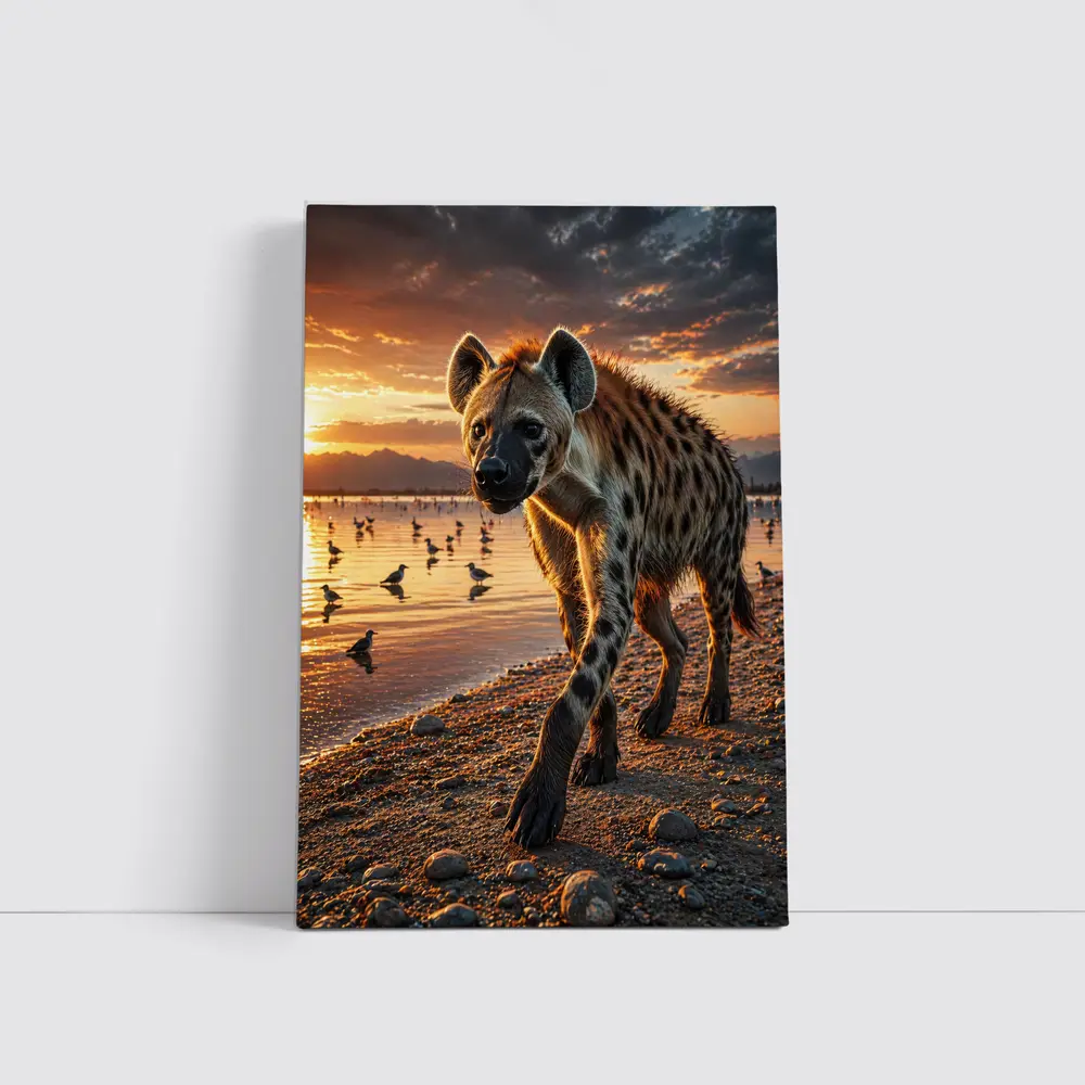 Spotted Hyena Walking Along Sunset Shore – Wall Art