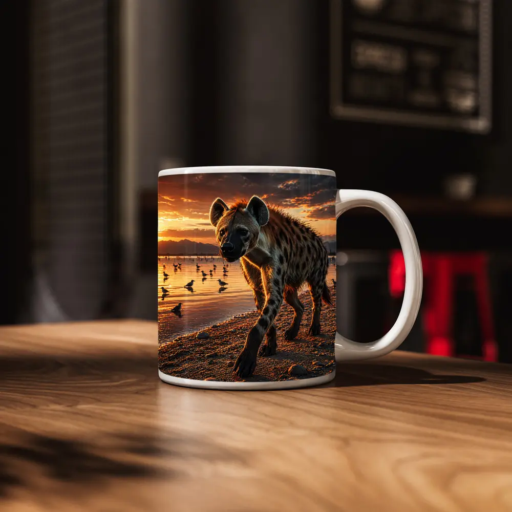 Spotted Hyena Walking Along Sunset Shore – Mugs
