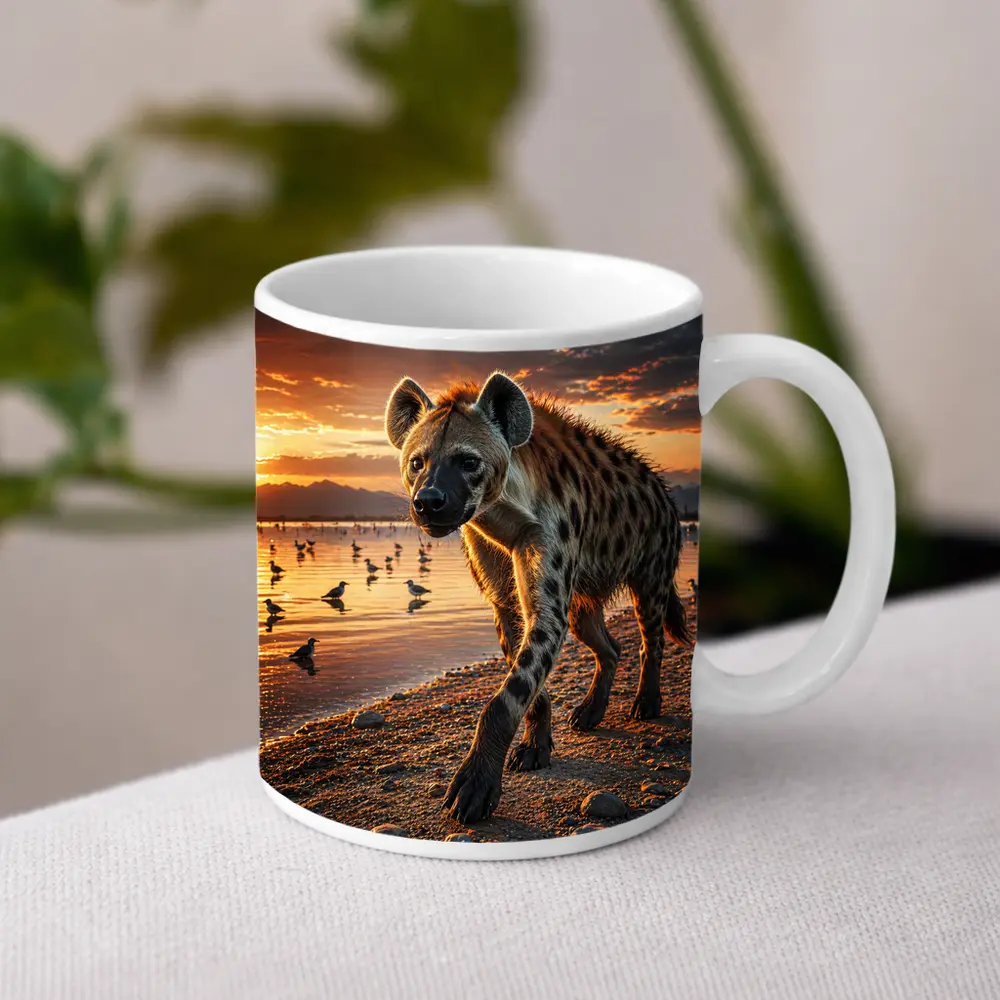 Spotted Hyena Walking Along Sunset Shore – Mugs