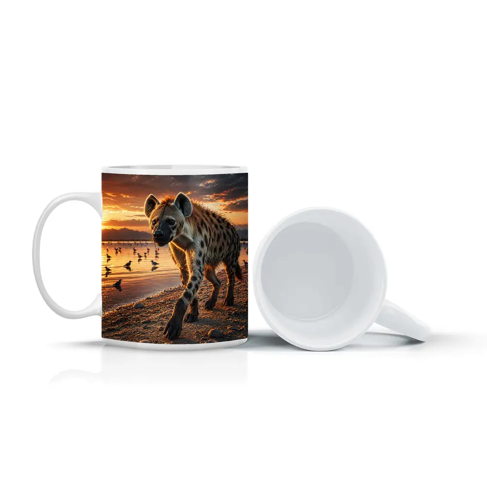 Spotted Hyena Walking Along Sunset Shore – Mugs