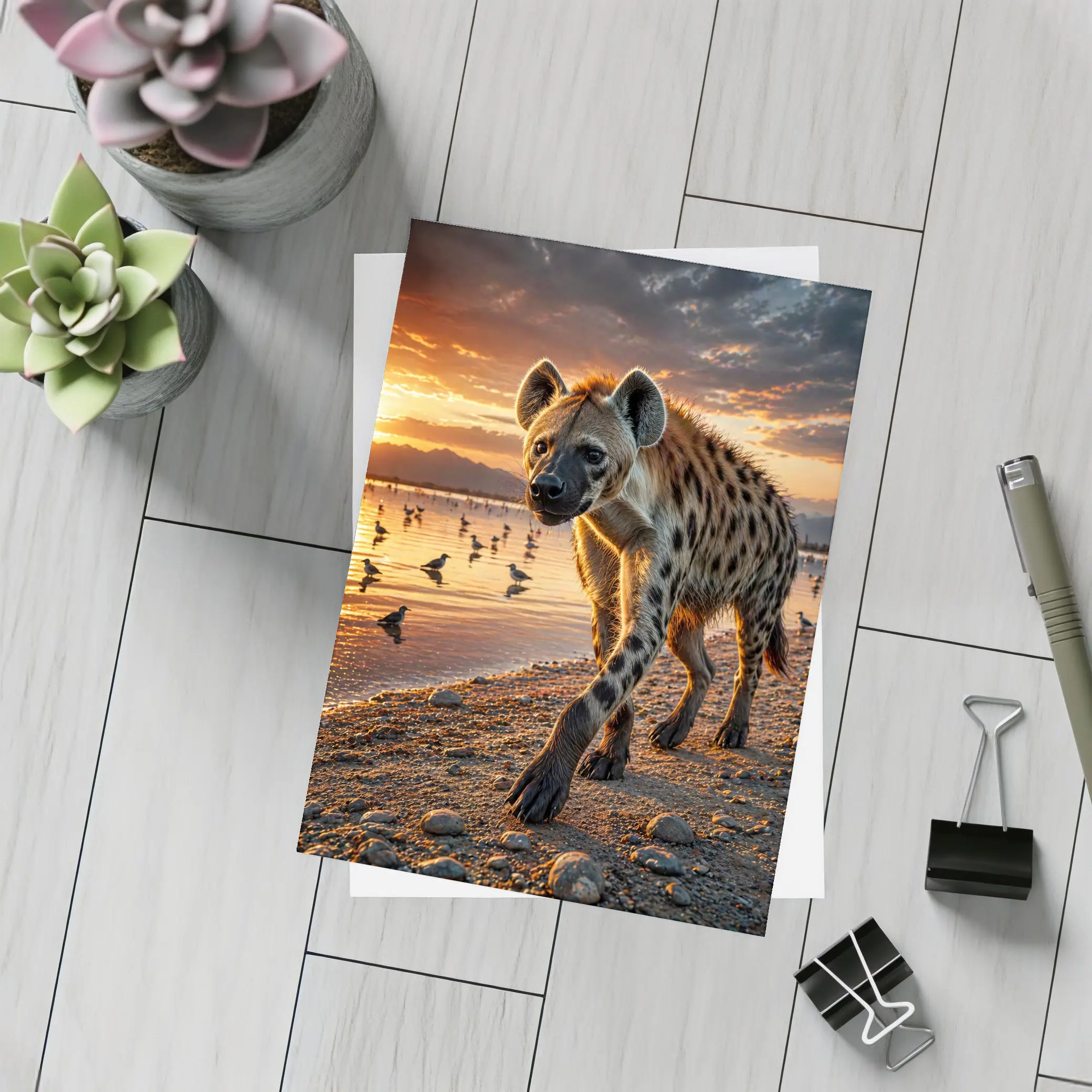 Spotted Hyena Walking Along Sunset Shore – Postcards