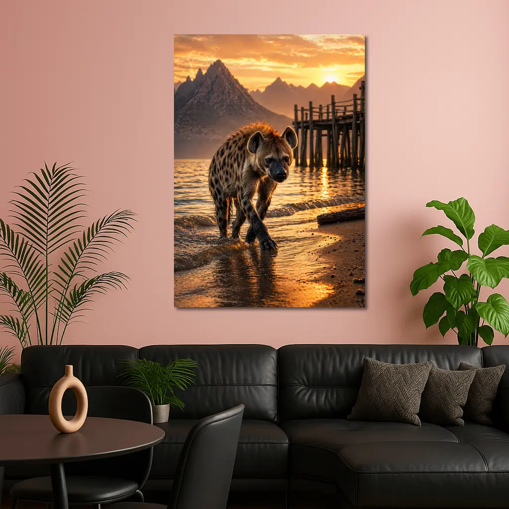 Spotted Hyena Walking Shore At Sunset – Wall Art