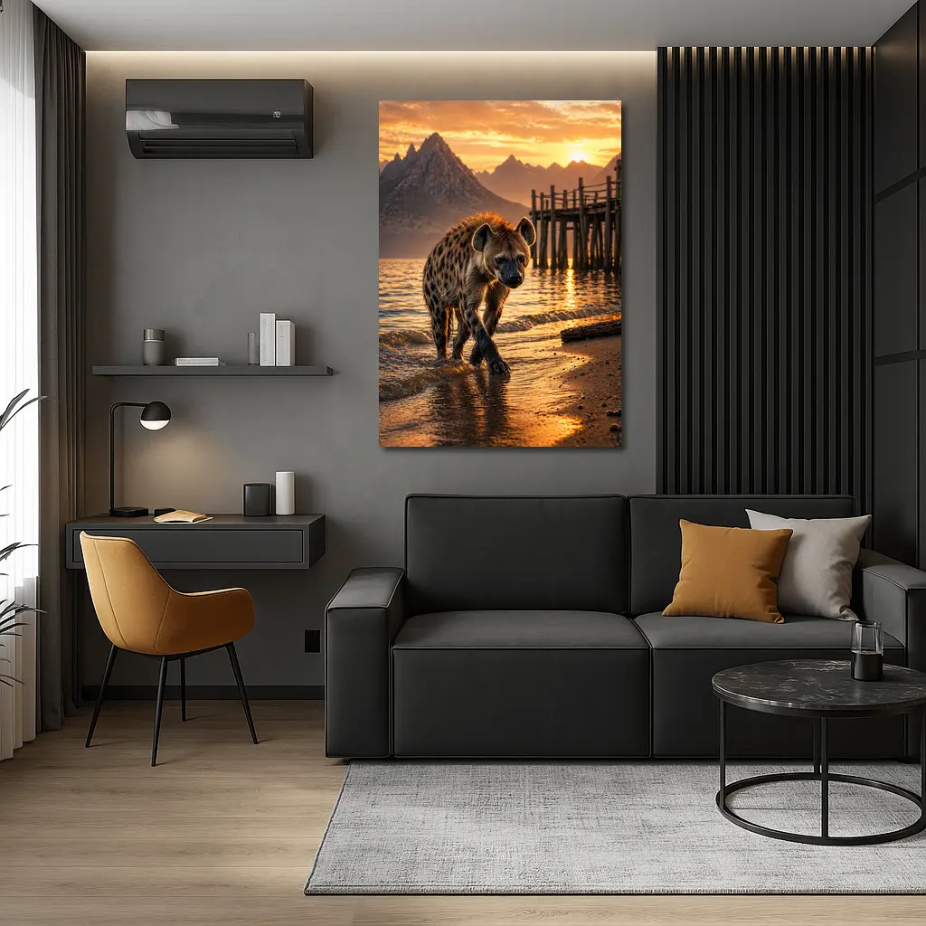 Spotted Hyena Walking Shore At Sunset – Wall Art