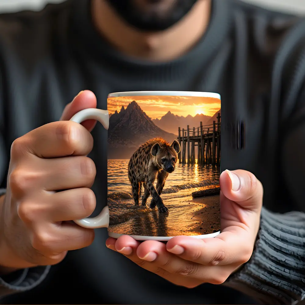 Spotted Hyena Walking Shore At Sunset – Mugs