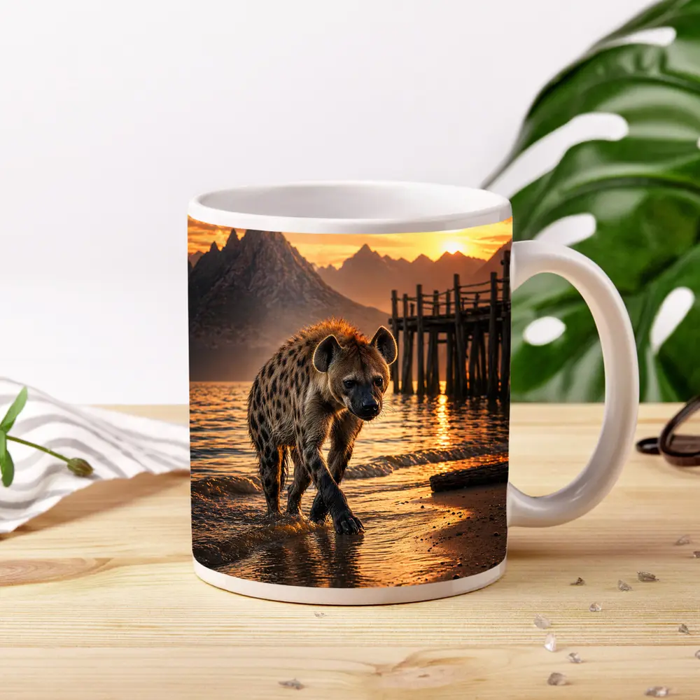 Spotted Hyena Walking Shore At Sunset – Mugs