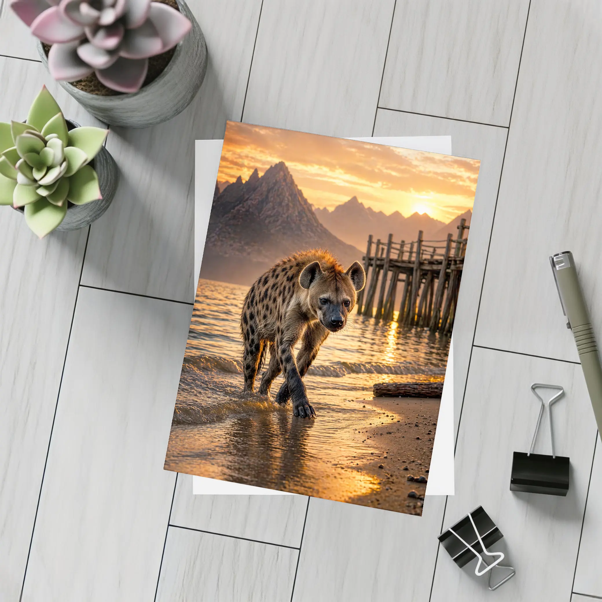Spotted Hyena Walking Shore At Sunset – Postcards