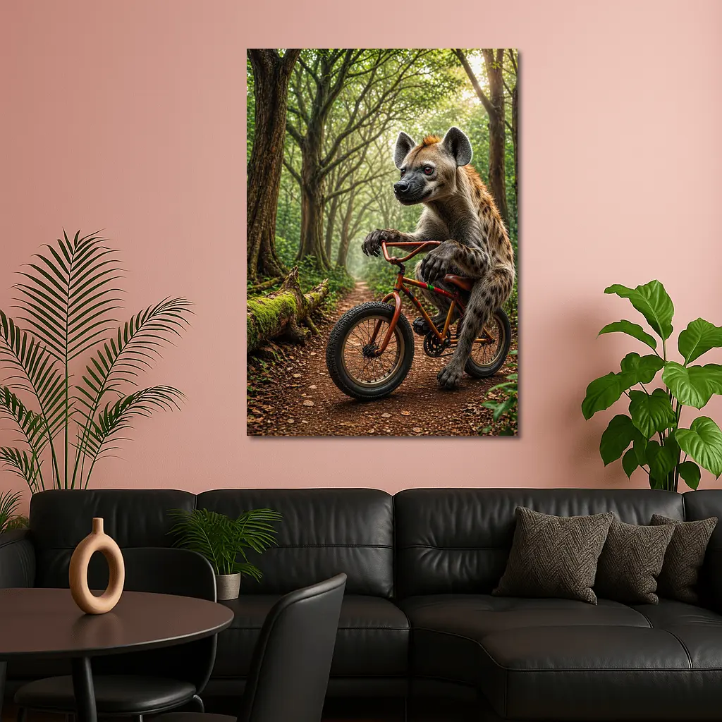 Hyena Riding Bicycle Through Forest Path – Wall Art