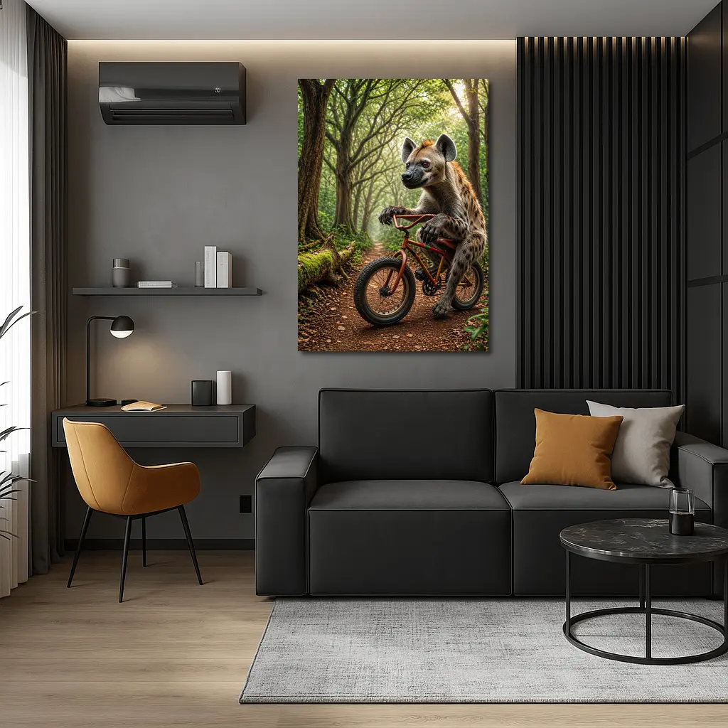 Hyena Riding Bicycle Through Forest Path – Wall Art