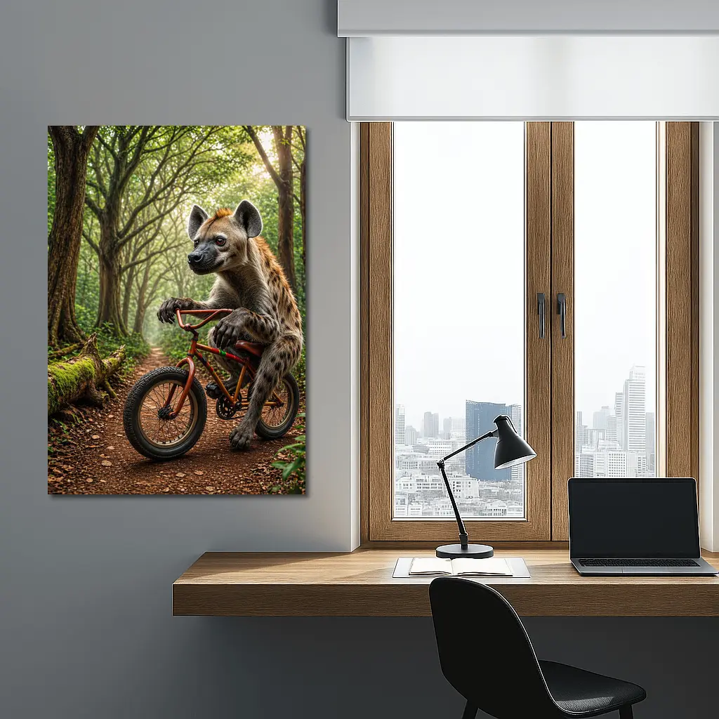 Hyena Riding Bicycle Through Forest Path – Wall Art