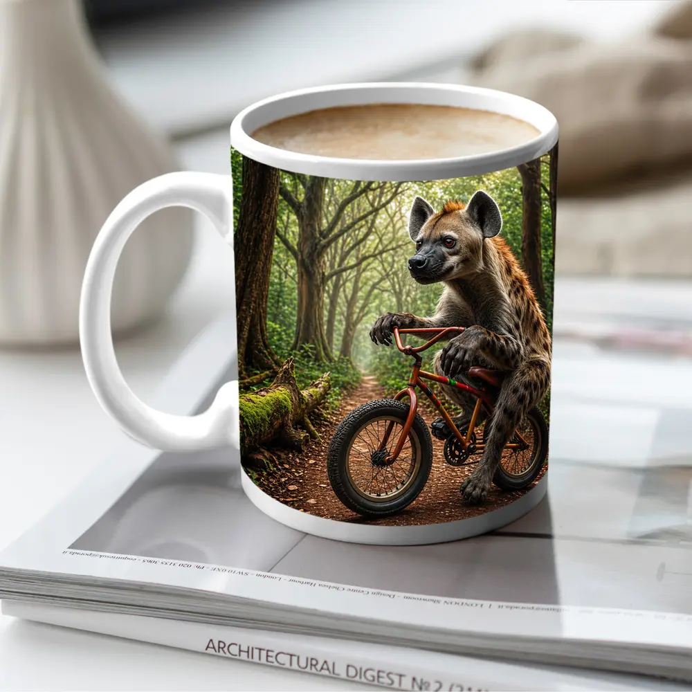 Hyena Riding Bicycle Through Forest Path – Mugs