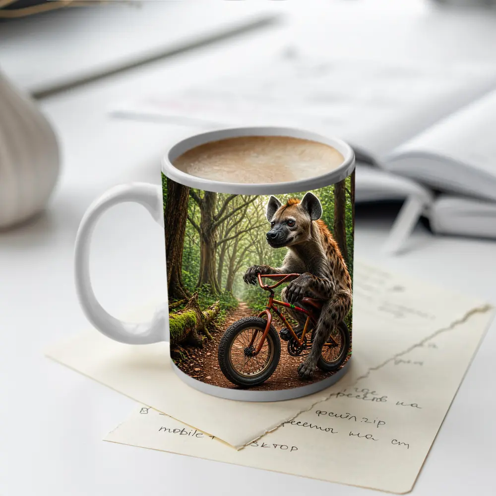 Hyena Riding Bicycle Through Forest Path – Mugs